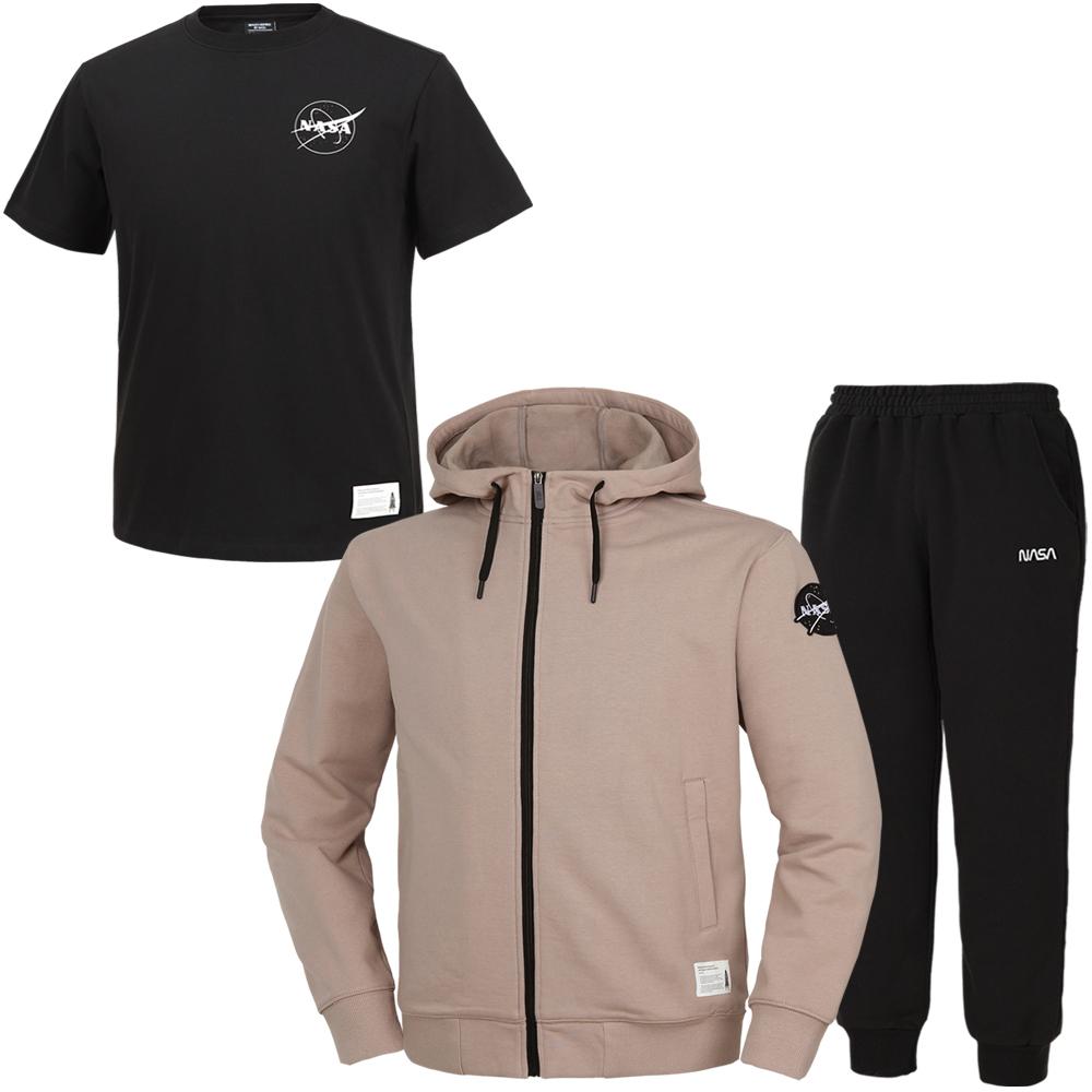 Nasa Unisex Sweat Hoodie Zip-Up Jacket + Jogger Pants + Short Sleeve T-Shirt 3-Piece Set [Beige + Black + Black] 100