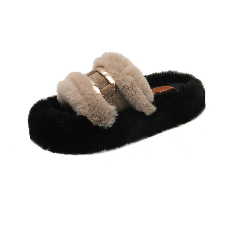 Women Fur Slippers Flats Shoes Casual Short Plush Cozy Winter Open Toe Flip Flops 2025 New Trend Slingback Slides Mujer