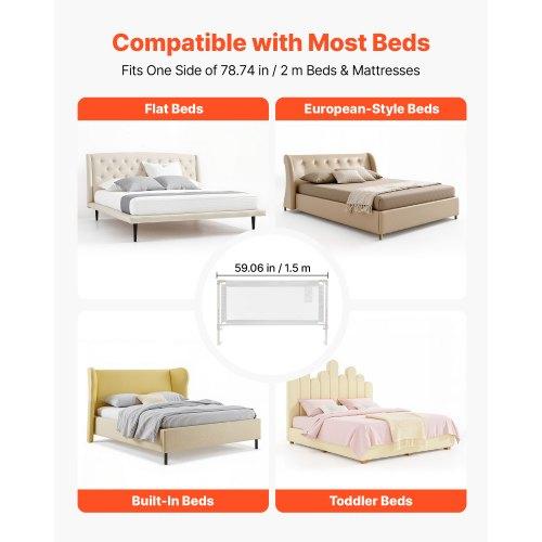 VEVOR Toddler Bed Rail, Kids Beds Guard Rail with Reinforced Iron Pipe and Oxford Cloth, Adjustable Height Bed Side Railing