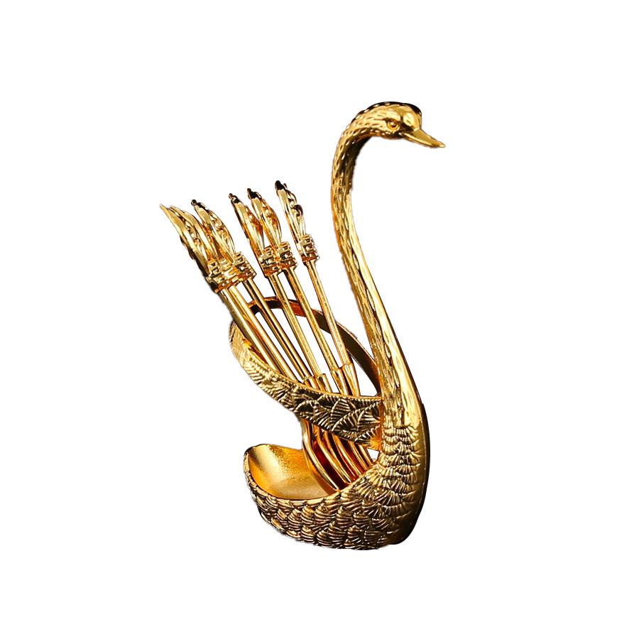 Vintage Swan Holder 6Pcs Dessert Coffee Spoon Set European Style Metal Cutlery Gold Silver Small Tea Spoon Home Table Decor Gift