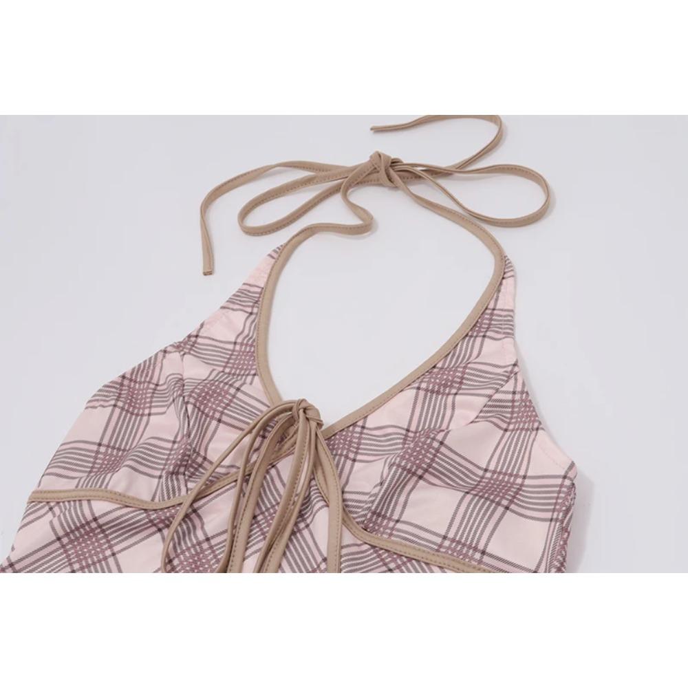 Modna Sukienka Halter w Kratę Kobiety Sznurowana Dekolt V Bez Rękawów Mini Sukienki High Street Vestidos Letnia Odzież Plażowa