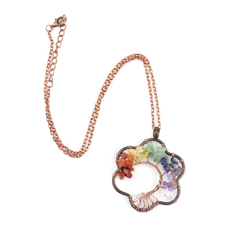 Vintage Sunflower Hand-Wound Tree of Life Necklace with Crushed Stone Crystal Pendant
