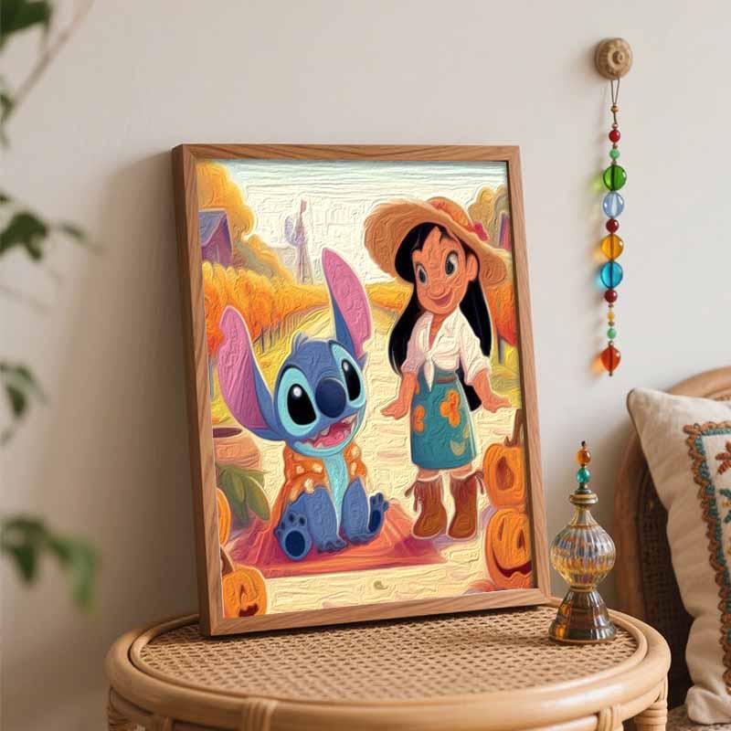 Disney Lilo Stitch Fall Pumpkin Oil Paint Art Painting Kit Home Wall Decor Handmade Gift DIY Canvas Portrait Mural Bedroom Farmhouse