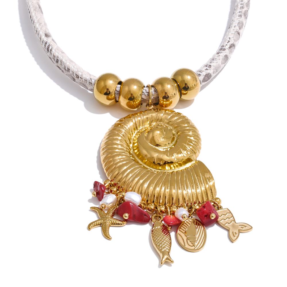 Yhpup Handmade Jewelry Exclusive Design Metal Shell Starfish Fish Stone Pearl Pendant Necklace Stainless Steel Ocean Style