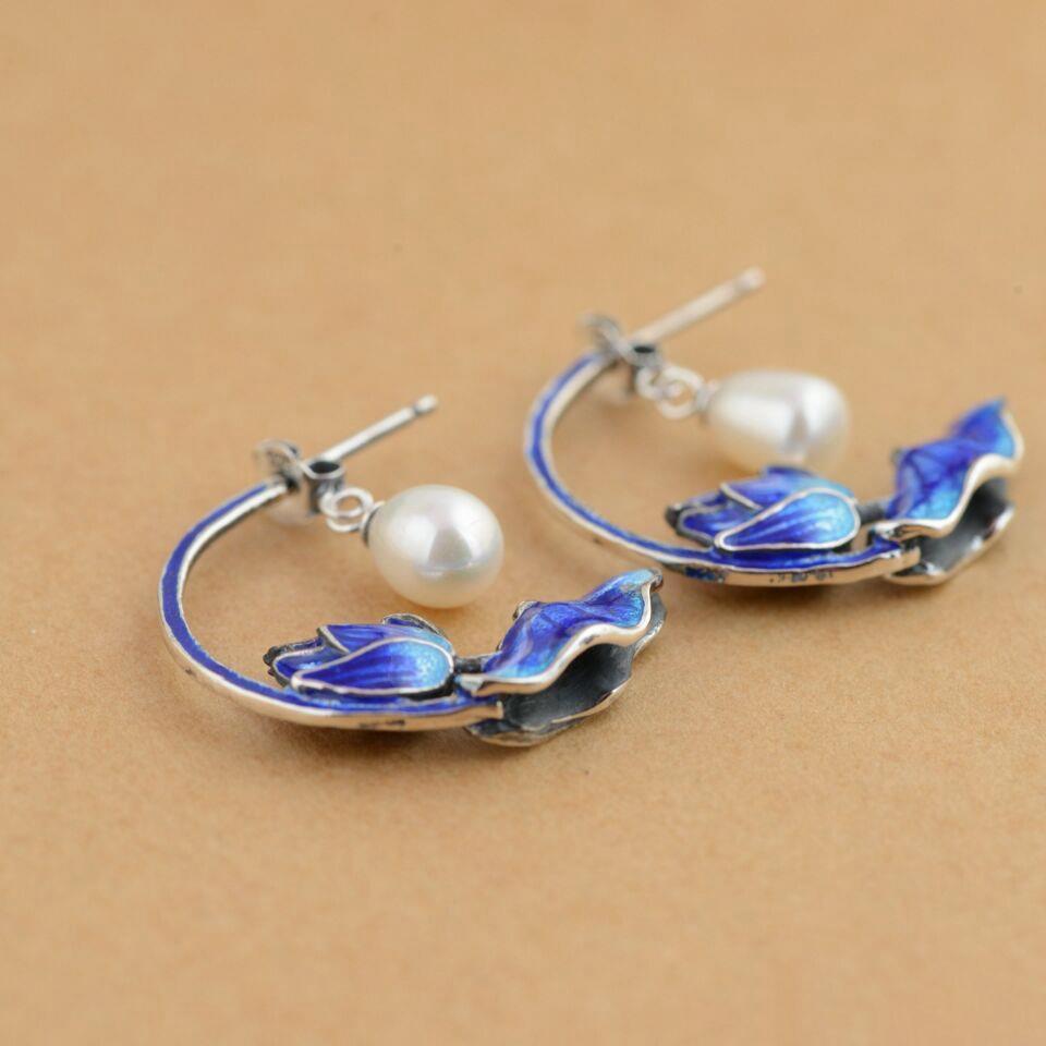 Kolczyki z emalią cloisonne z lotosu, porcelanowe rzemiosło, perłowe, w stylu chińskim, retro, unikalne, lekki luksusowy urok, damska biżuteria