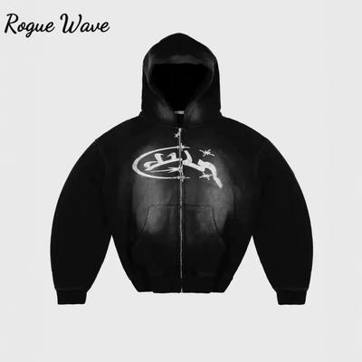 Moletom com Zíper RogueWave Vintage Lavado Jaqueta Y2K Rock Hip Hop Patchwork Moletom Oversized Camisolas Manga Longa