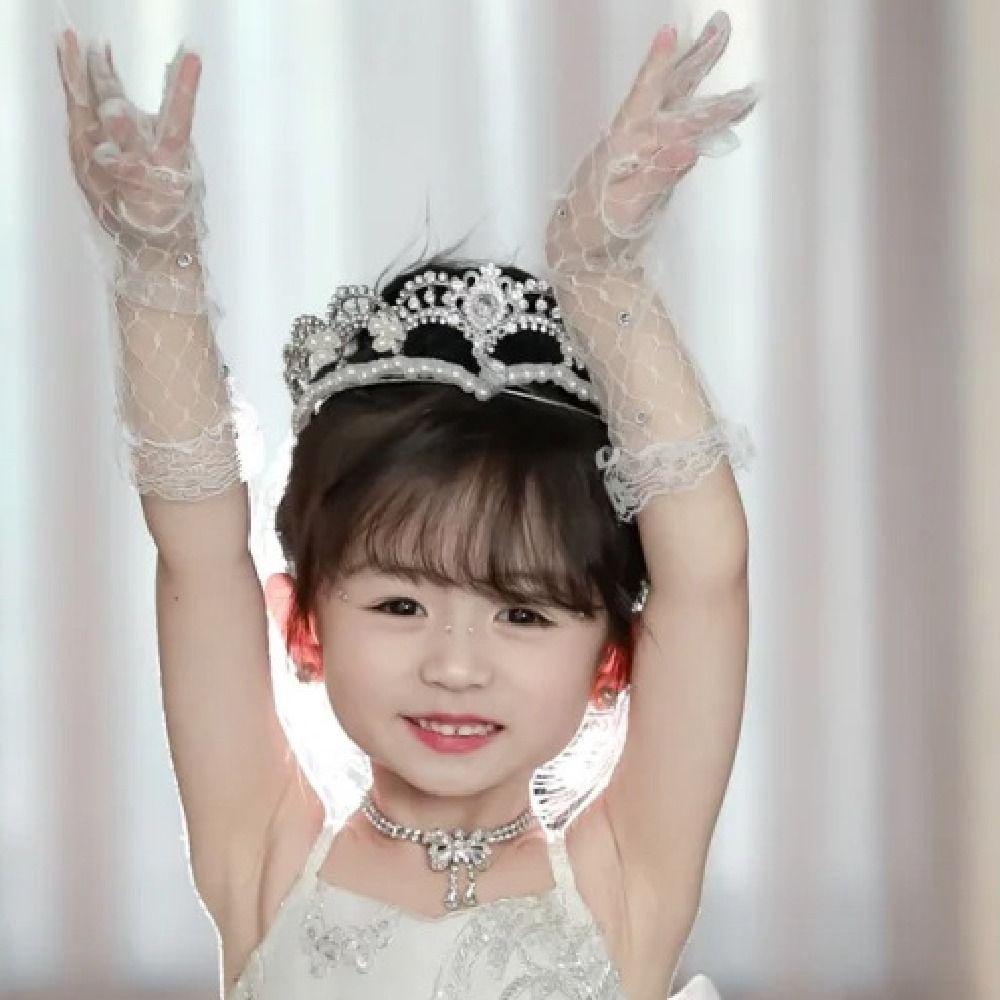 2Pairs Bright Rhinestone Children's Lace Gloves Five Fingers Performance Gloves  Birthday Party