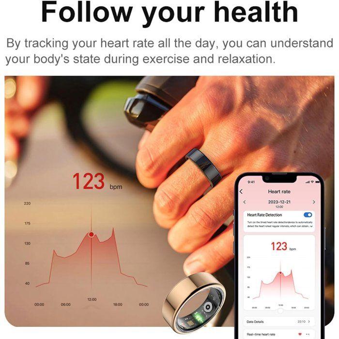 Bague Connectée Homme Femme, Smart Ring Intelligente Bluetooth Sommeil/Fréquence Cardiaque/SpO2 Étanche Android iOS, Taille 8, Noir