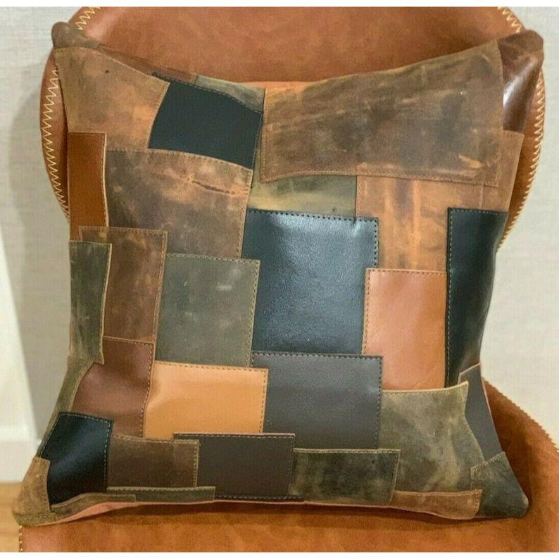 Patchwork Leather Pillow Cover Vintage Tan Cushion Handmade in Australia Gift For Her Him Birthday Anniversary 17 x 17 in 12570₽