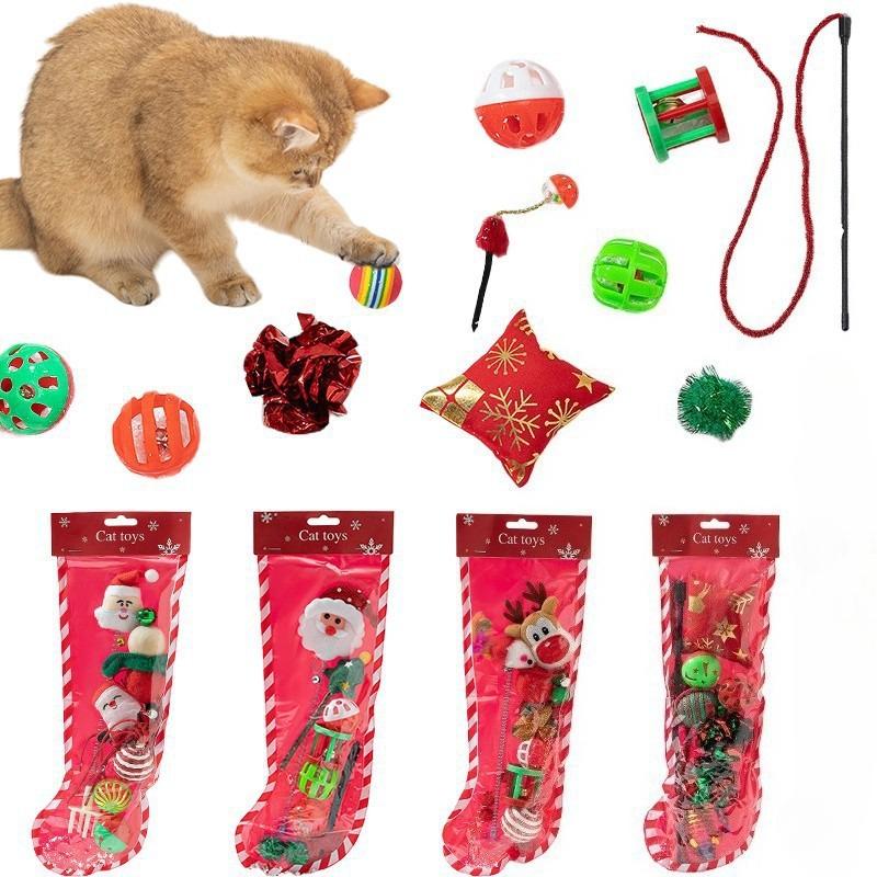 New Pet Christmas Cat Toy Interactive Puzzle Toy Gift Box Pet Toy Set Bell Combination Christmas Sock Elk Elderly Cat Toy Stick