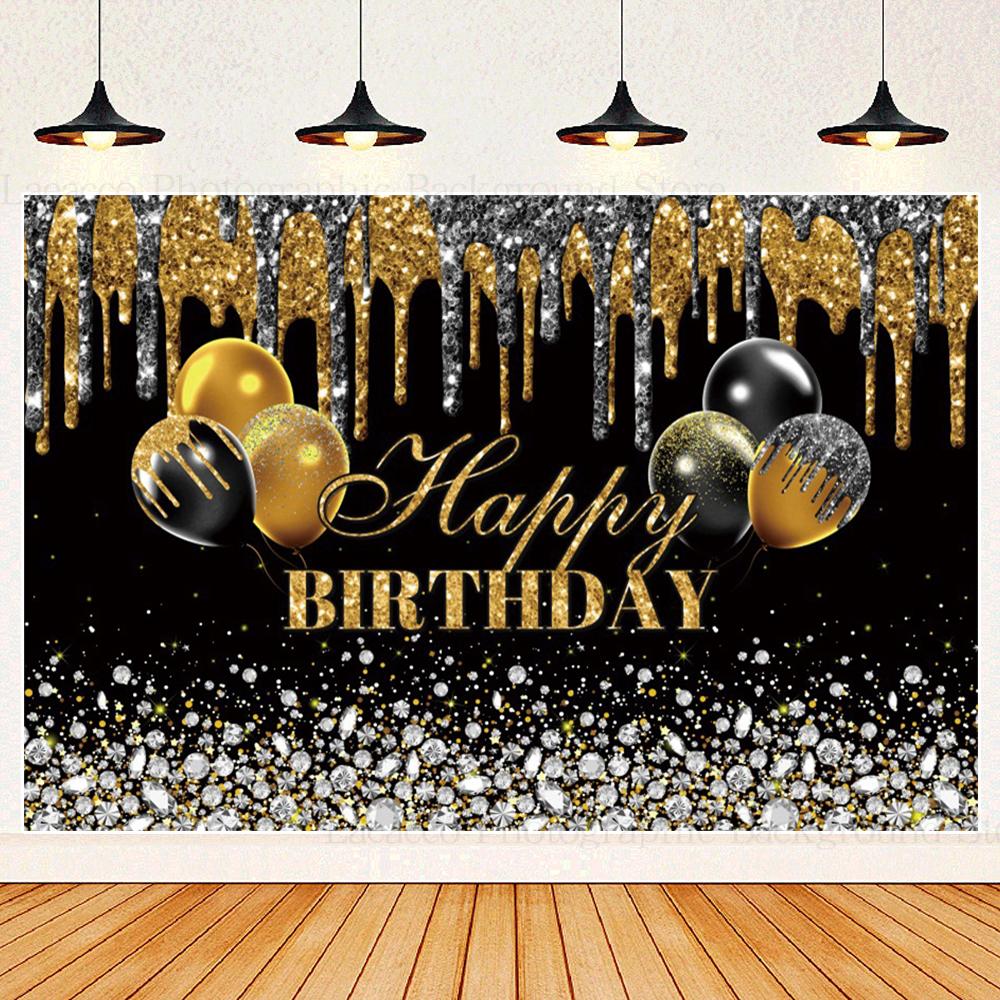 Happy Birthday Party Backdrops Black Gold Balloons Champagne Birthday Party Decor Banner Photography Background for Men Women