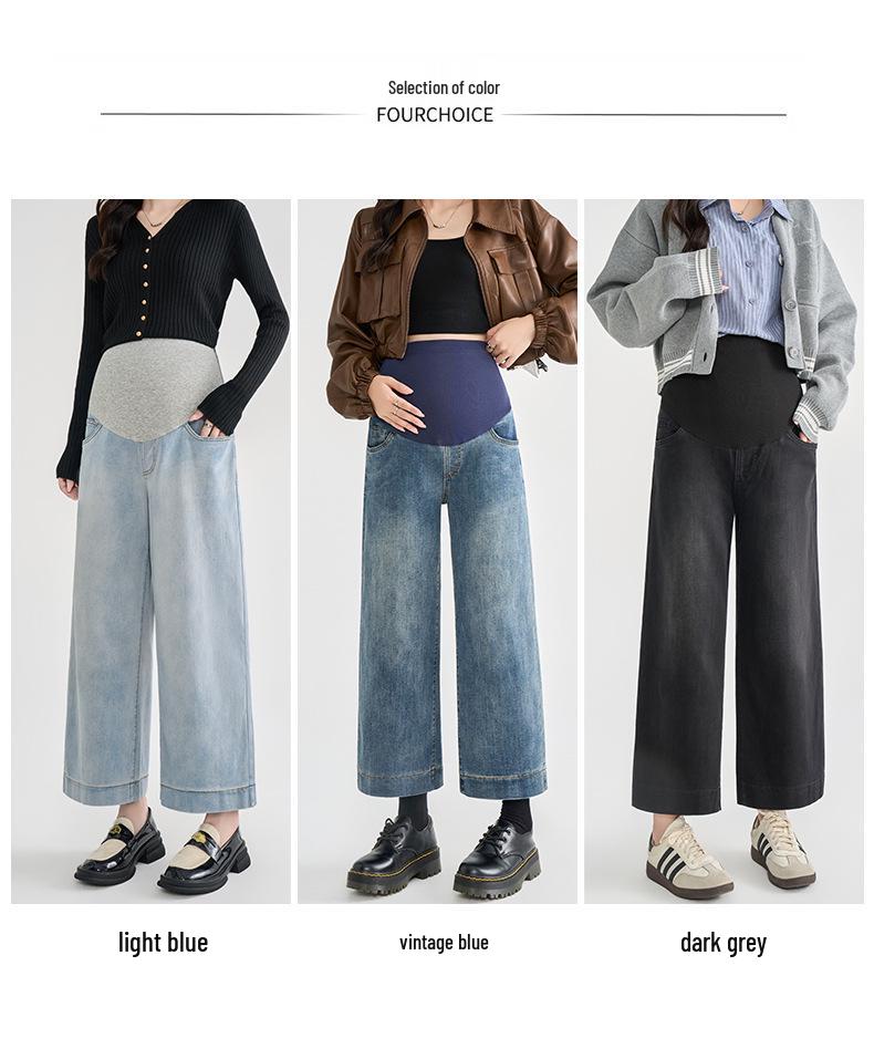 Maternity Fleece Support Jeans: Autumn/Winter Loose Straight-Leg 9-Point Slimming Pants for Pregnant Women