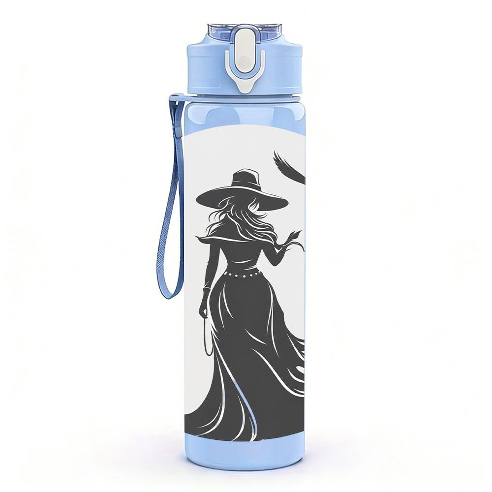 1PC Silhouette Witch Under Moon Night Print 750ml Color Plastic Sports Water Bottle Leakproof Flip Straw Lid Suitable for Sports Office Home Use