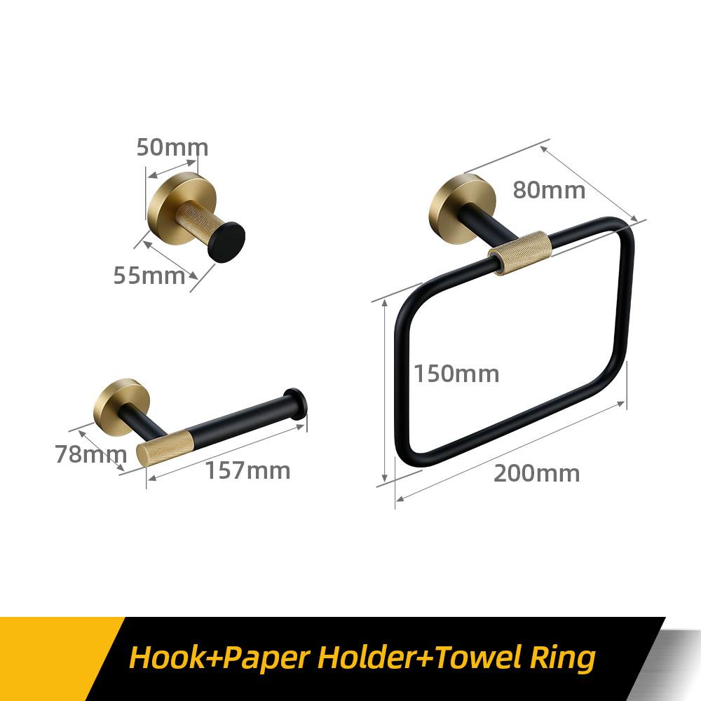 Towel Rack Wall Mounted Towel Rack Brushed Gold Paper Holder& Matte Black Hook Knurled and Combined Colors Toilet Brush Holder