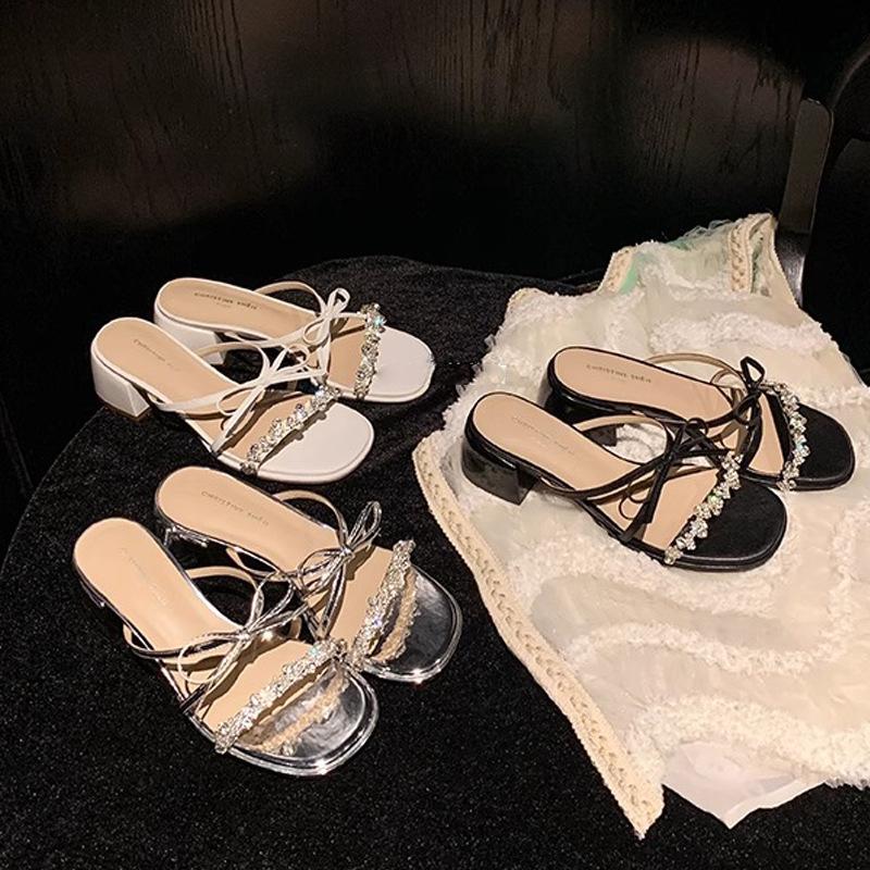 The same crystal butterfly~ rhinestone word with thick heel slippers women's sandals dinner wear women's summer