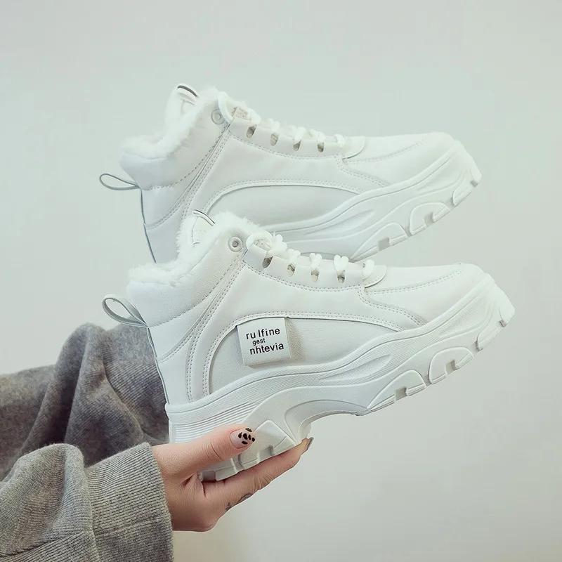 

Зимняя обувь, женские ботинки на платформе, новинка 2024 года, массивные кроссовки, белые высокие повседневные туфли, дизайнерские модные плюшевые теплые женские ботильоны 39 белый