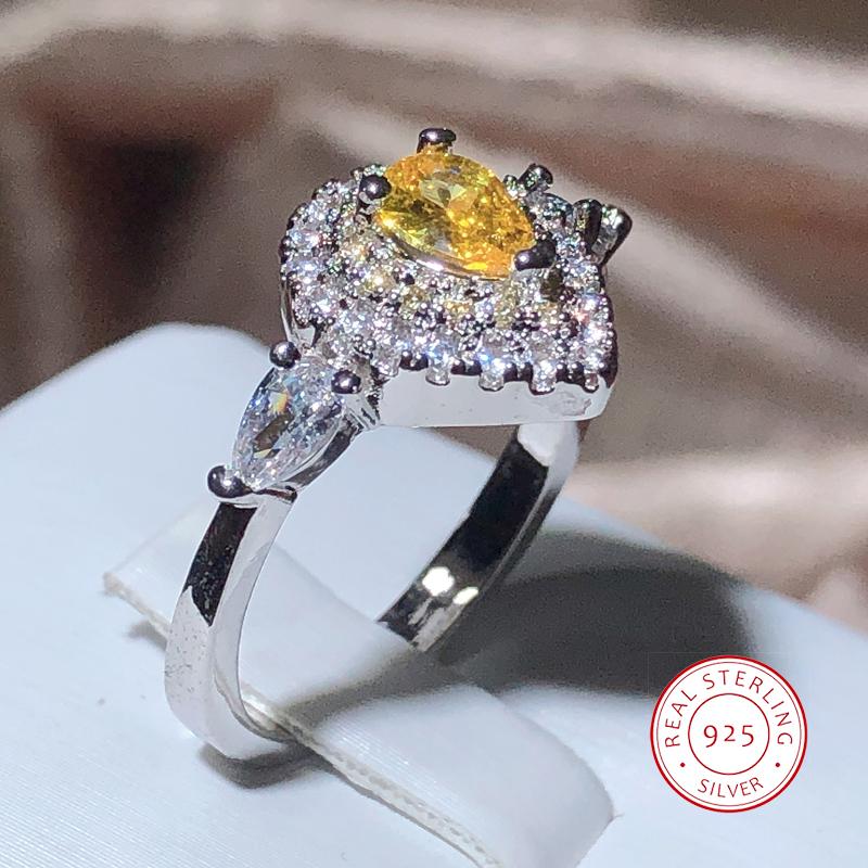 Classic Water Drop Yellow Zirconia Full Diamond Sparkle Ring Women Party Wedding 925 Stamp Fashion Jewelry Ladies Gift