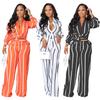 European & American Women's Striped Two-Piece Set: Long Sleeve Shirt & Pants