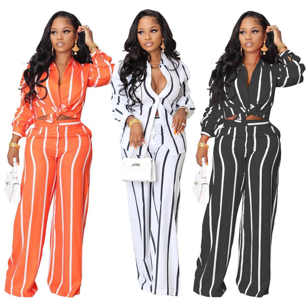 European & American Women's Striped Two-Piece Set: Long Sleeve Shirt & Pants