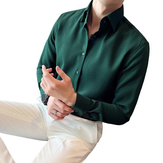 Men Spring Fall Shirt Frence Style Turn-down Collar Slim Fit Waffle Texture Single-breasted Long Sleeves Pure Color Mid Length Young Formal Top