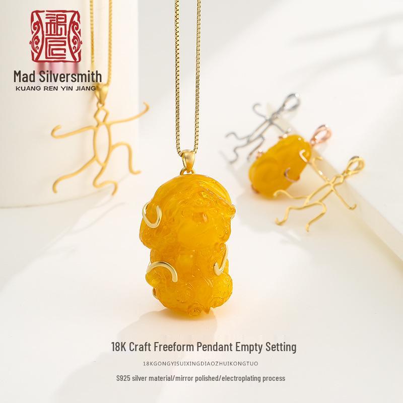 

S925 Sterling Silver Irregular Pendant for Amber, Beeswax, and Turquoise 925 Silver