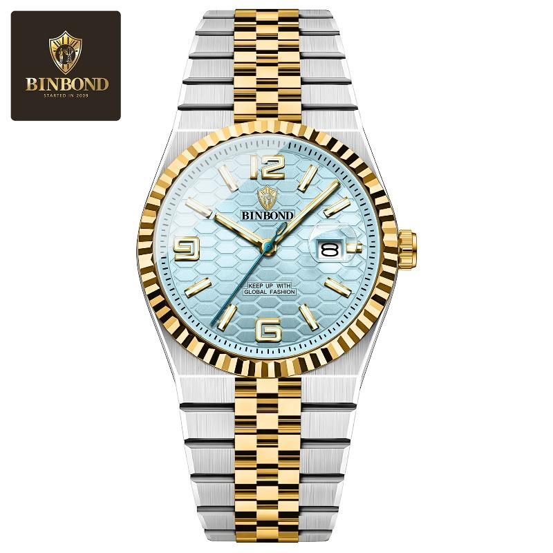 Orologio da uomo Binbang impermeabile luminoso con cinturino in acciaio, quadrante moda, orologio al quarzo