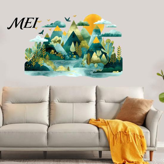 Modern Nature Wall Murals 2Pcs Watercolor Mountain Sticker, Peel And Stick Landscape Decal, PVC Waterproof Scenery Decor Mural, Removable Art