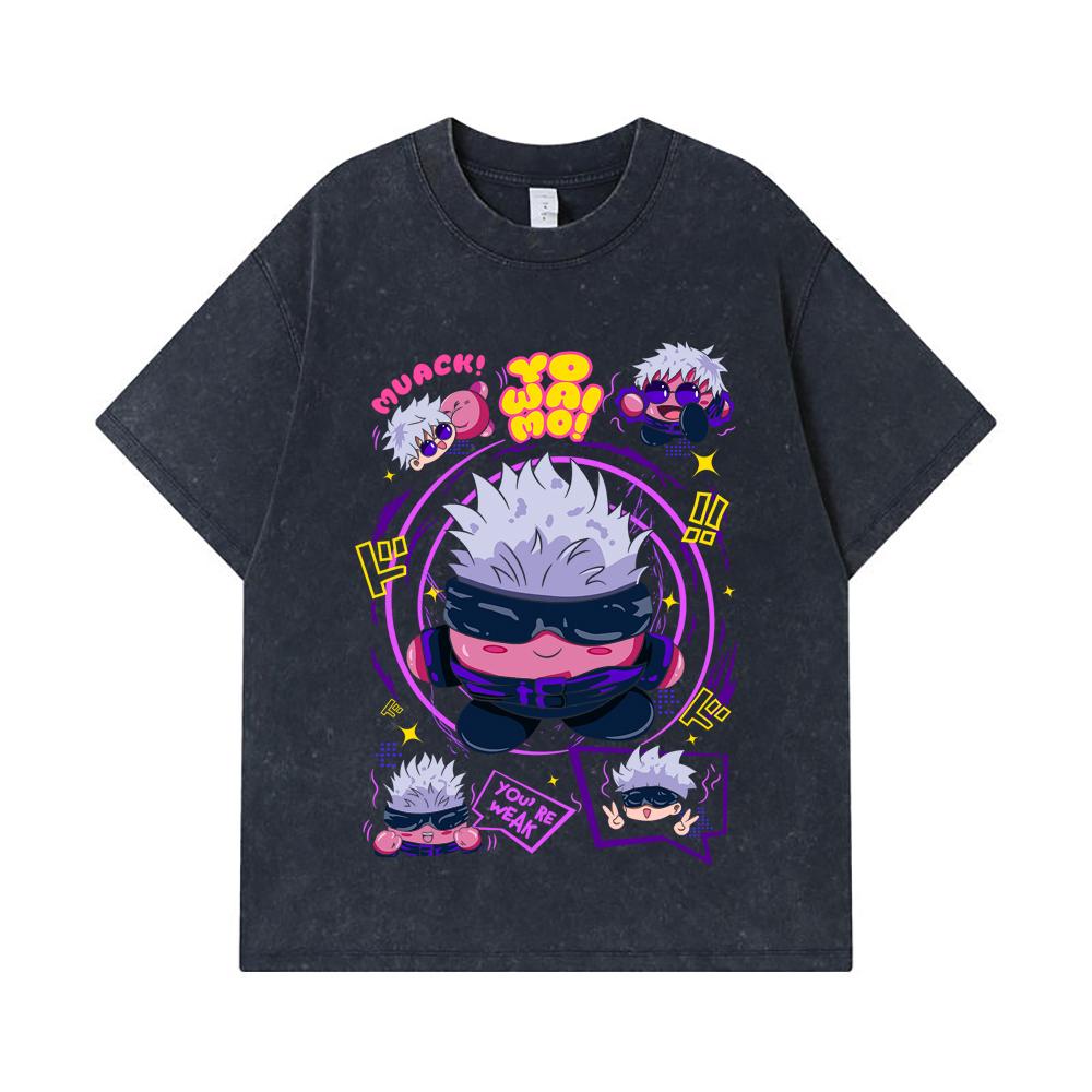 275 GSM Washed T-shirts 100% Cotton Jujutsu Kaisen V41 Kirby Gojo Print Unisex Heavy Cotton T Shirt