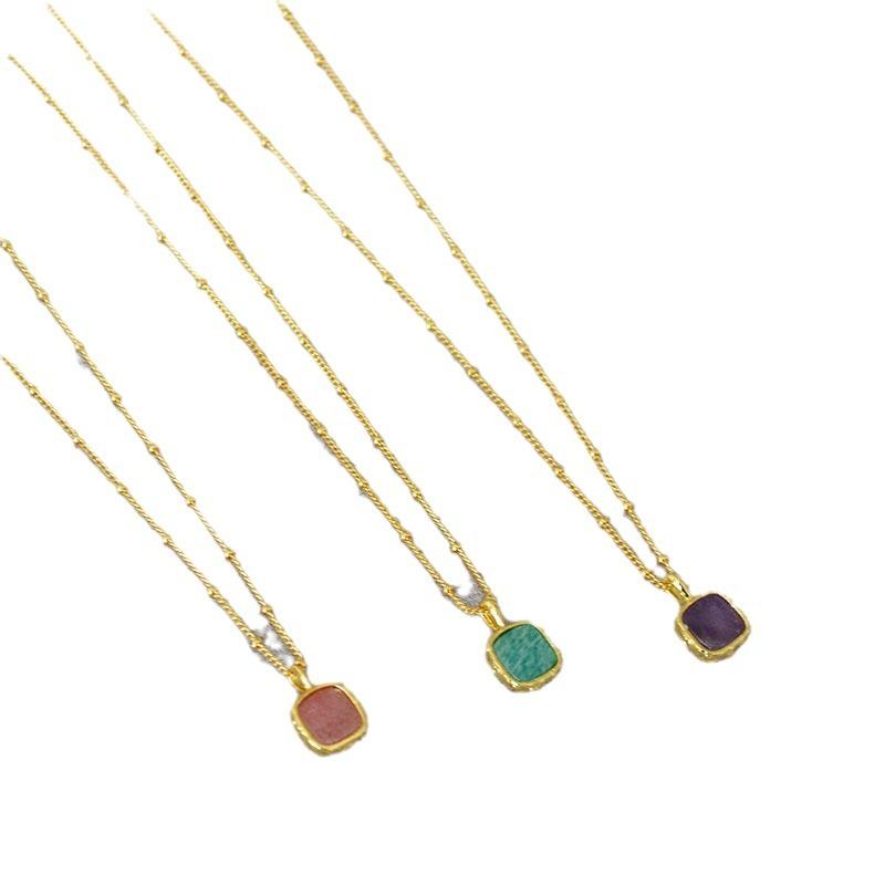 Niche Personality Simple Brass Hemming Gold-Plated Geometric Square Color Real Stone Daily Temperament Stacking Necklace