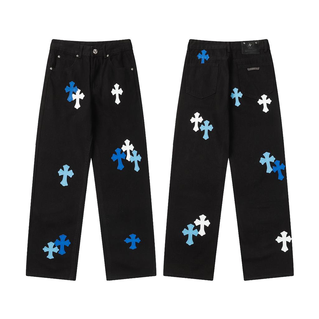 Unisex Cro Cross Leather Tag Washed Denim Jeans - Couples Street Style Loose Fit Long Pants