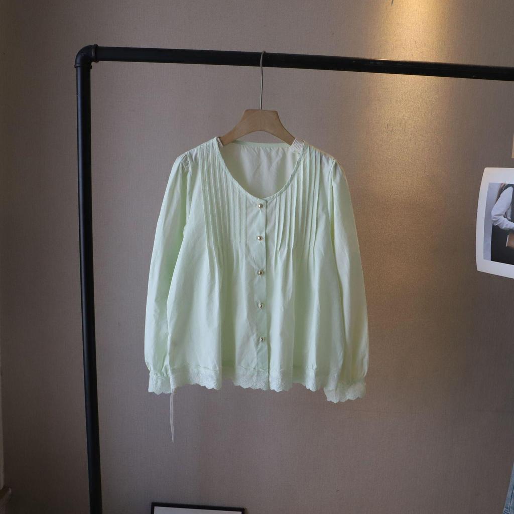 [Bi Zheng] 2025 Frühling Koreanischer Stil Damen Schwerindustrie Plissierte Spitze Langarmbluse 3296