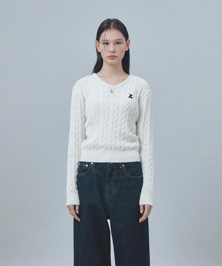REST&RECREATION Cable V-Neck Knit Top - Ivory