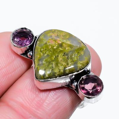 Natural Unakite, Amethyst Gemstone 925 Sterling Silver Ring Size 7.5 M4R60