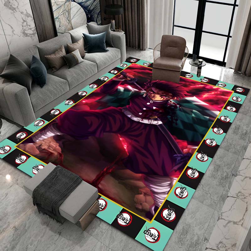 Cute cartoon Kimetsu no Yaiba rug, suitable for playrooms, bedrooms, living rooms, sofas, and other home décor; non-slip rug for