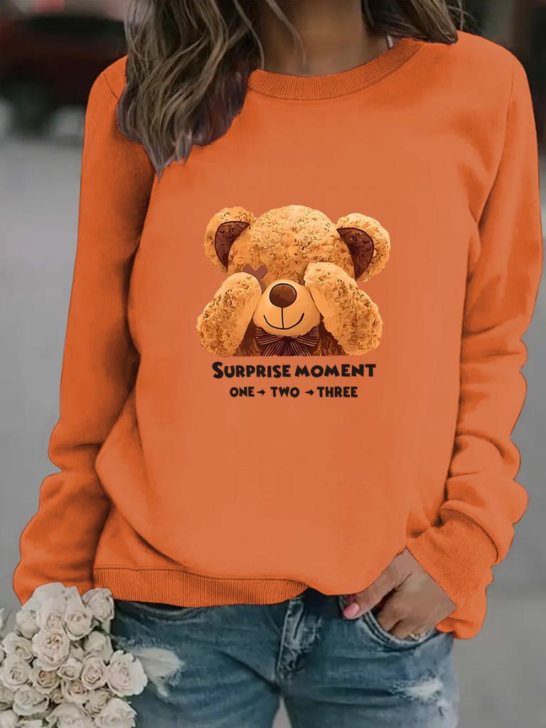 Autumn and winter women's casual long-sleeved crew neck cartoon bear print pullover sweatshirt sweater on