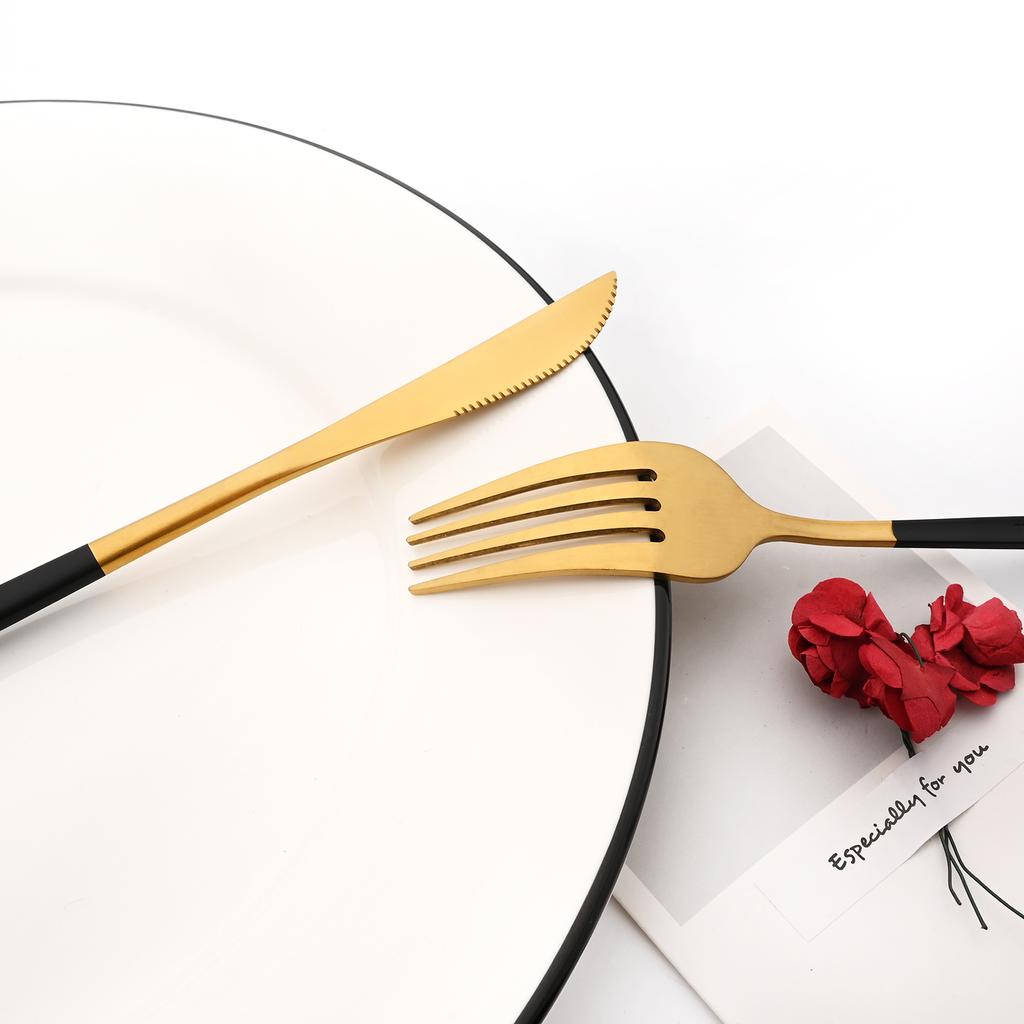 8Pcs Black Handle Gold Dinnerware Set Knife Tea Fork Spoon Cutlery Set Matte Kitchen Flatware Stainless Steel Complete Tableware