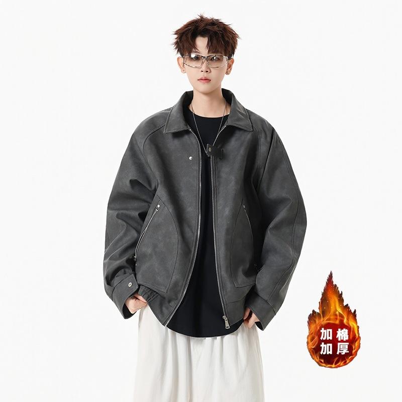 Loose men's leather jacket spring and autumn pu leather lapel xl large size trendy brand American retro casual leather jacket men