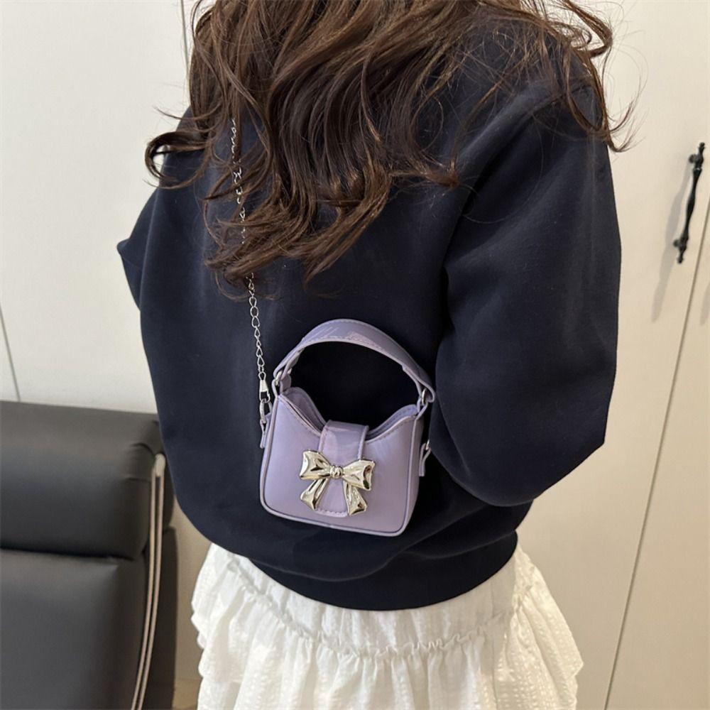 Handbag Silver Bucket Bag Pu Leather Women's Shoulder Bag Simple Bow Buckle PU Bag  Makeup Bag