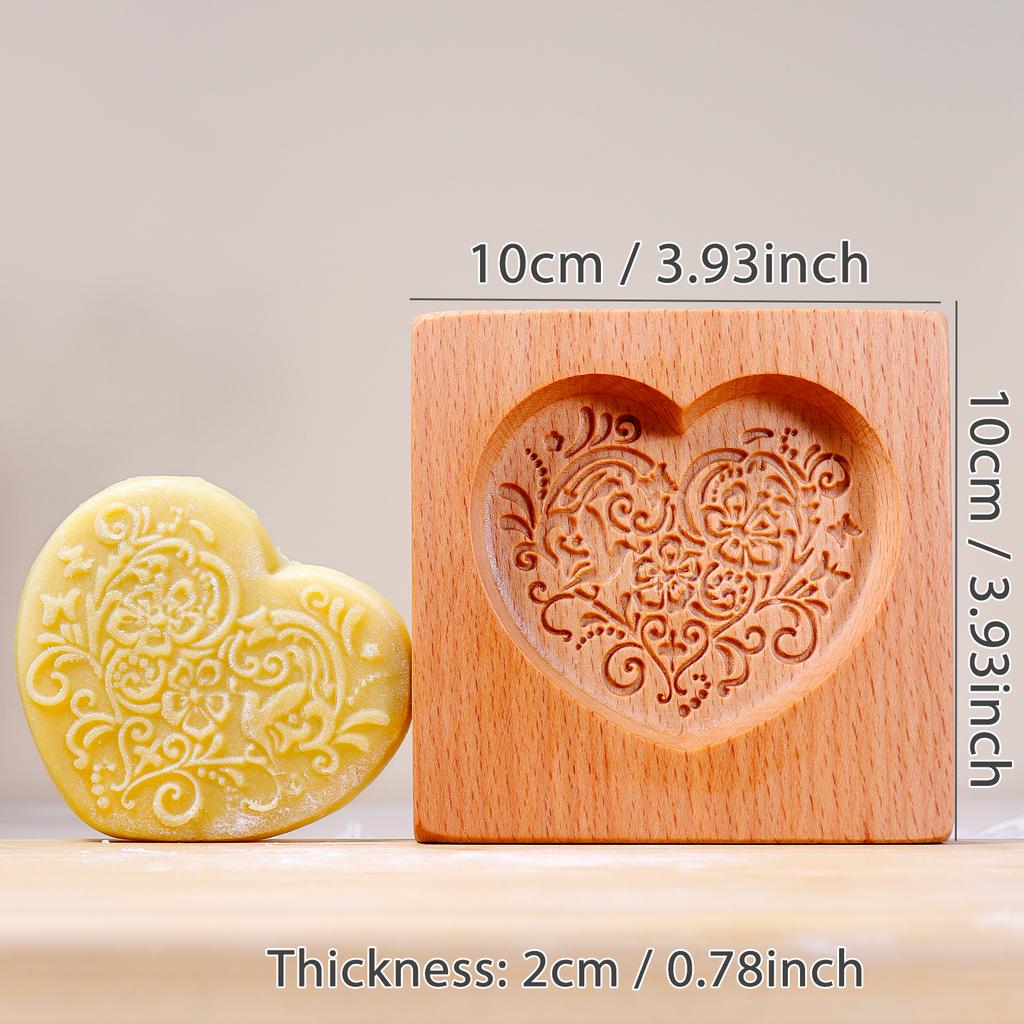 Wood Cookie Molds with Heart & Flower Patterns, 3D DIY Carved Embossed Cookie Cutter Moulds for Baking, Fondant Cake Biscuit