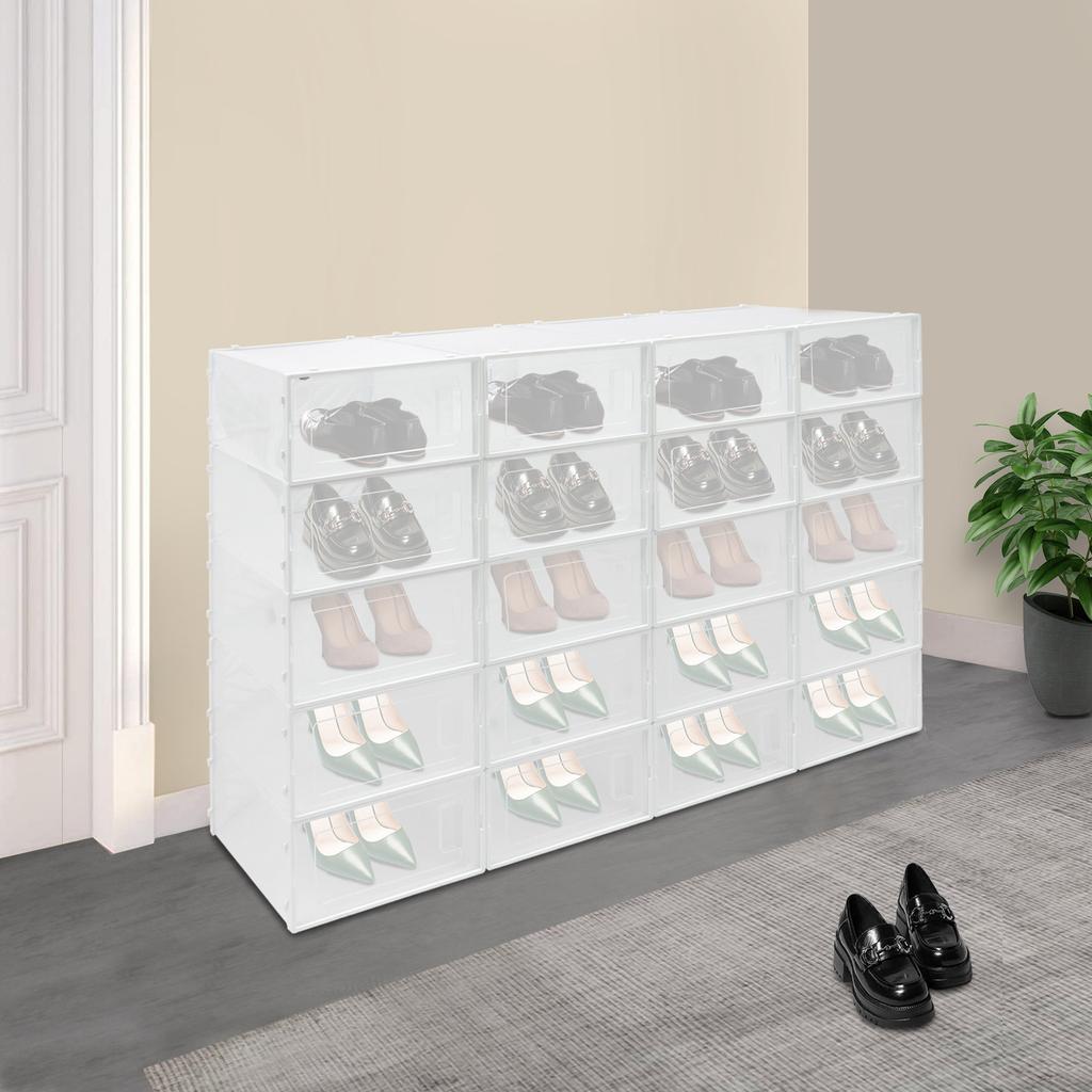 Stackable Plastic Shoe Storage Boxes, 20 Pack Clear Shoe Organizers with Opening Design, Space‑Saving Foldable Shoe Containers