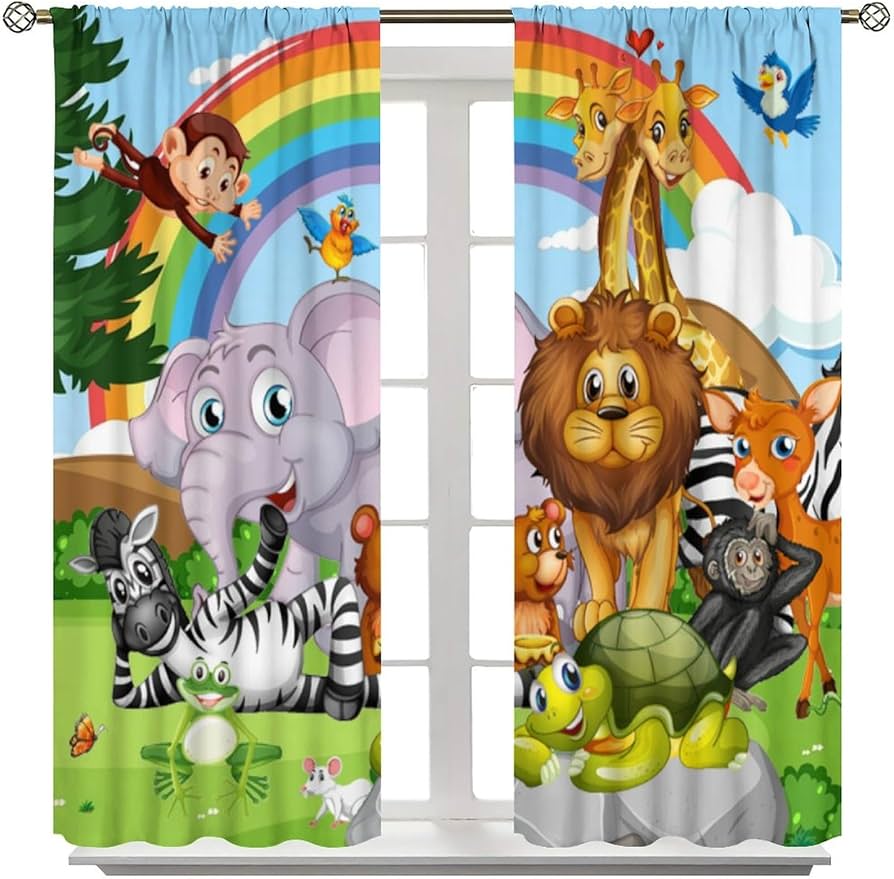 Cartoon Animal Curtain For Kids Boys Girl Forest Lion Elephant Monkey Zebra Jungle Zoo Art Print Window Drapes Blackout Curtains