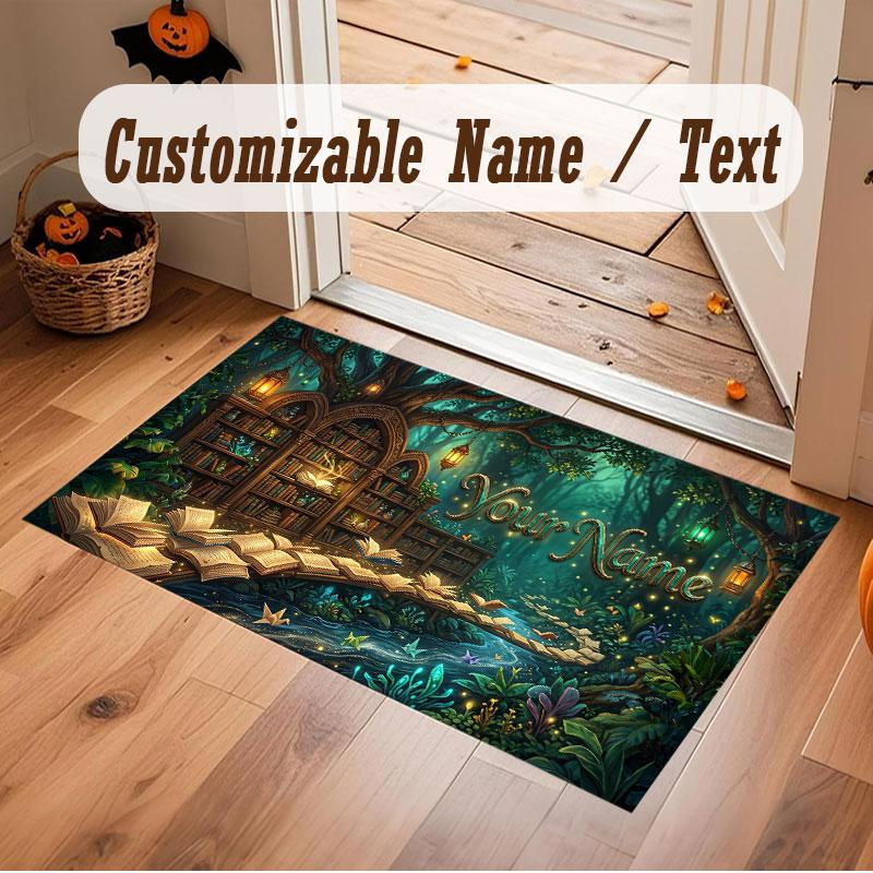 Nature Library Travel Theme Crystal Velvet Floor Rug Personalized Custom Name Text Warm Carpet Home Decoration