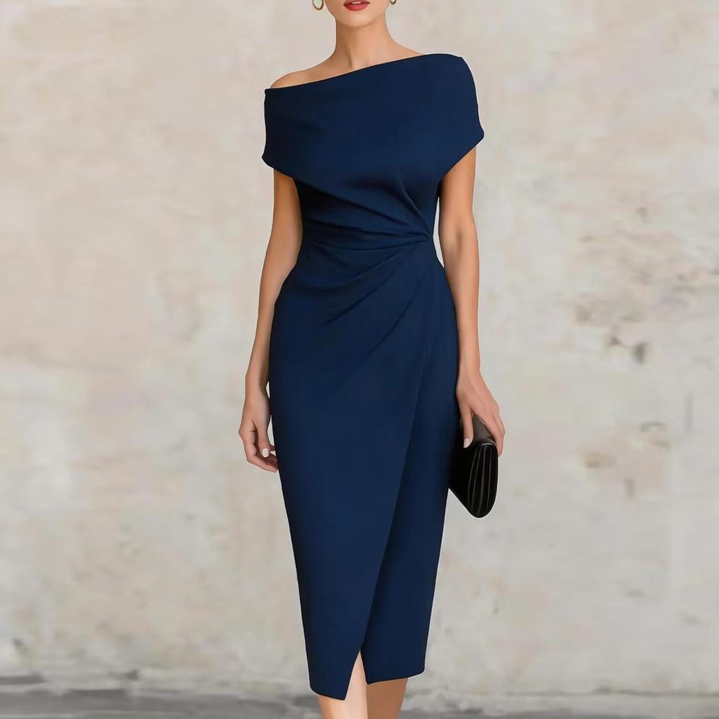 Women’s Off Shoulder Midi Dress Asymmetrical Hem Ruched Bodycon Elegant Cocktail Party Dress for Formal Events