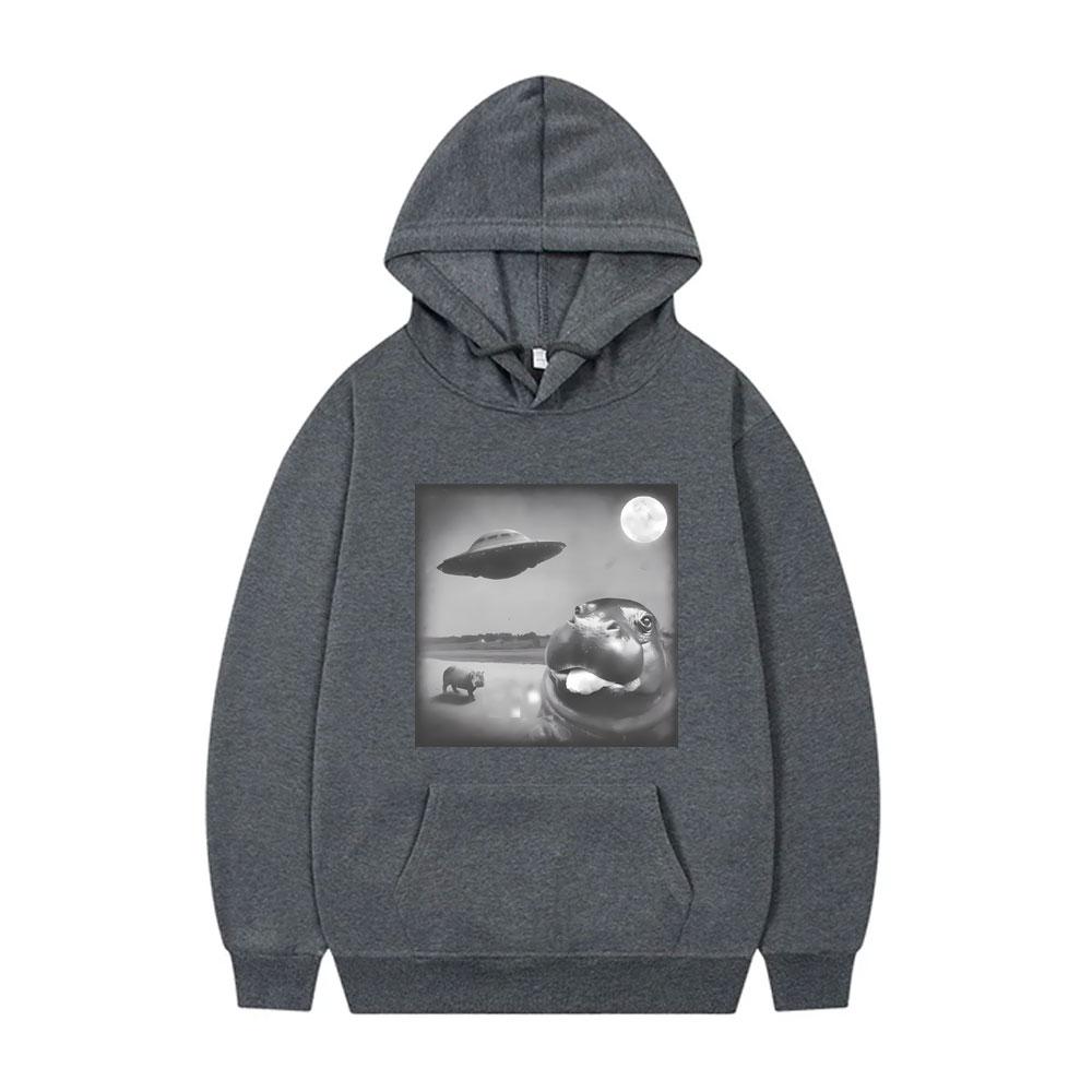 Moo Deng UFO Funny Meme Hoodie Humor Baby Hippo Sweatshirt Men Women Oversized Pullover Hoodies Men's Fleece Cotton Sportswear