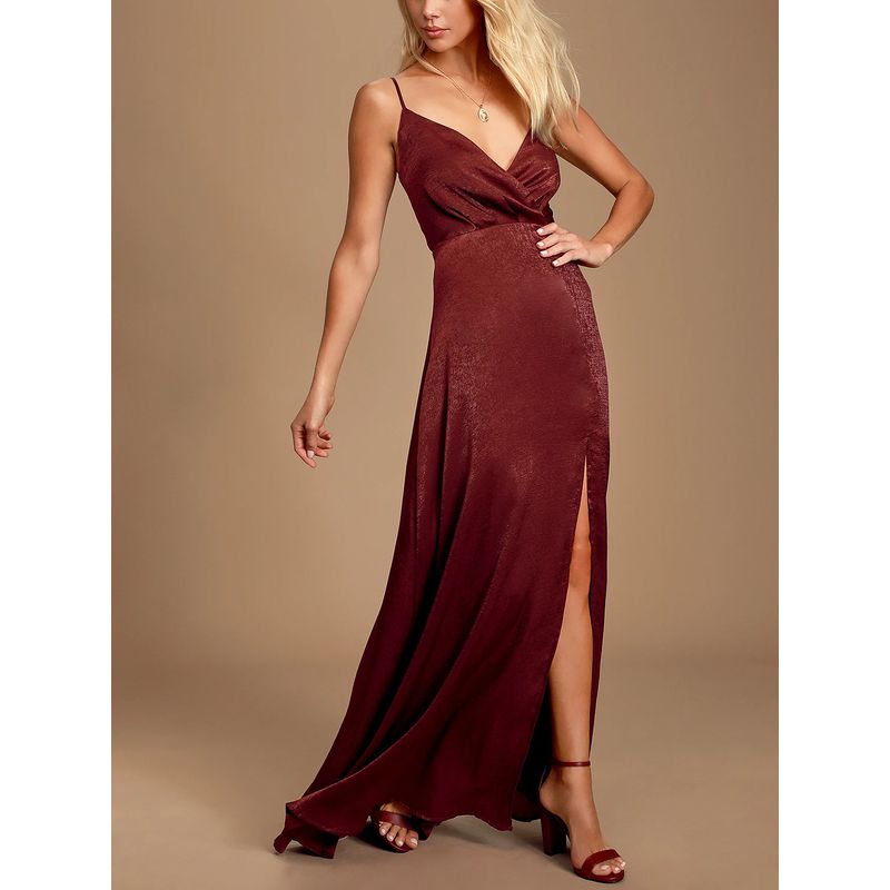 American Single Lulu * Sling A- line Large Hem High Waist High Slit V Neck Dress Silk Texture Light Dress Large Dress