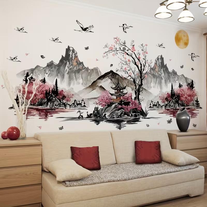 Creative Ink Painting Realistic Landscape Wall Stickers, Home Decoration And Beautification Stickers, Self-Adhesive