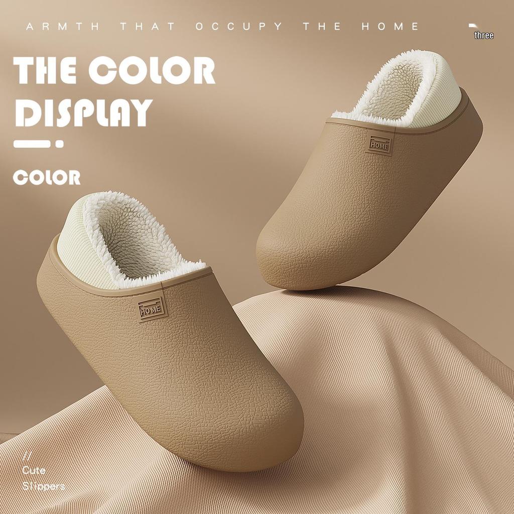 Unisex Waterproof Non-Slip Plush Indoor Cotton Slippers - Warm Full Coverage for Autumn/Winter.