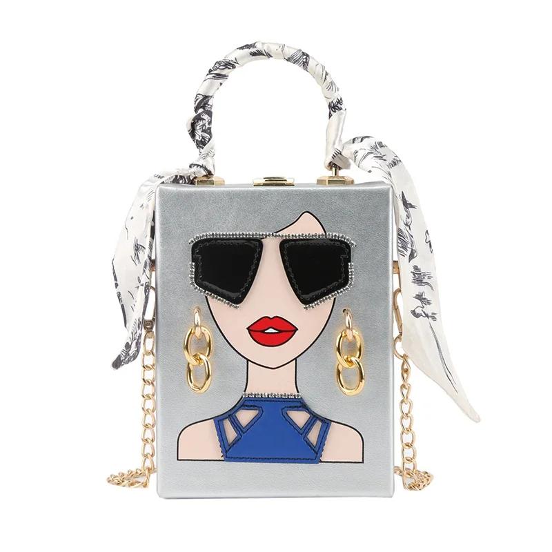 

2024 New Handheld Box Dinner Bag for Women Graffiti Sunglasses Shoulder Bag Vintage Chain Crossbody Bag Cute Purses and Handbags