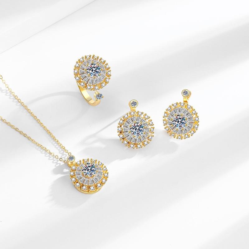 Stylish Rotatable Sun Flower Earrings Ring Set Full of Diamond Small Daisy Clavicle Chain