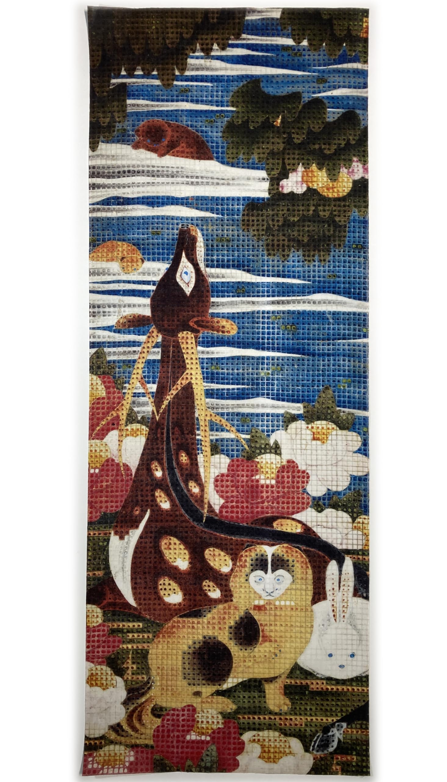 

Ukiyo-e hand towel from the folding screen of trees, flowers, birds and animals, right panel by Ito Jakuchu